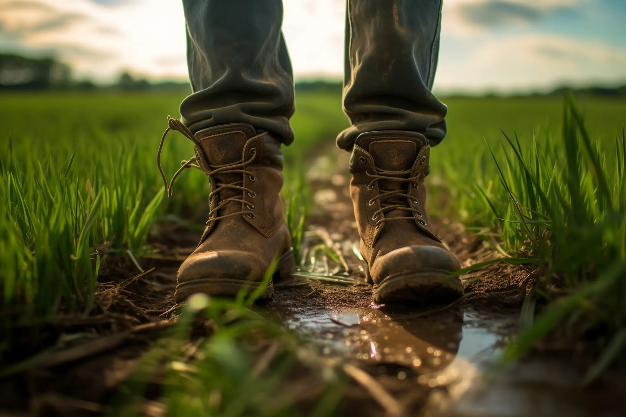 farmer in a green field with muddy boots