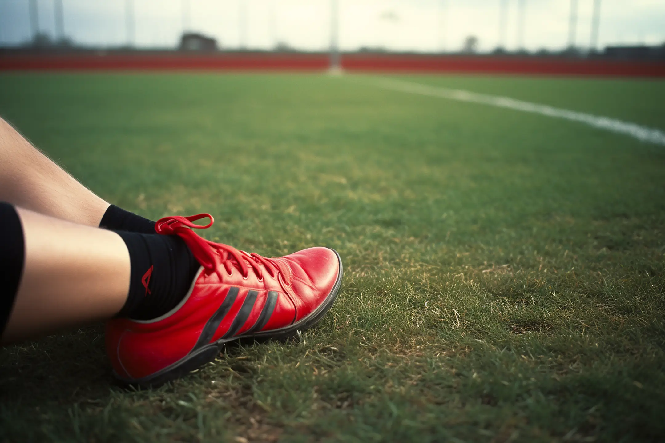 Photograph Close Up Persons Lying Relaxed On Soccer Pitch With Red Boots On