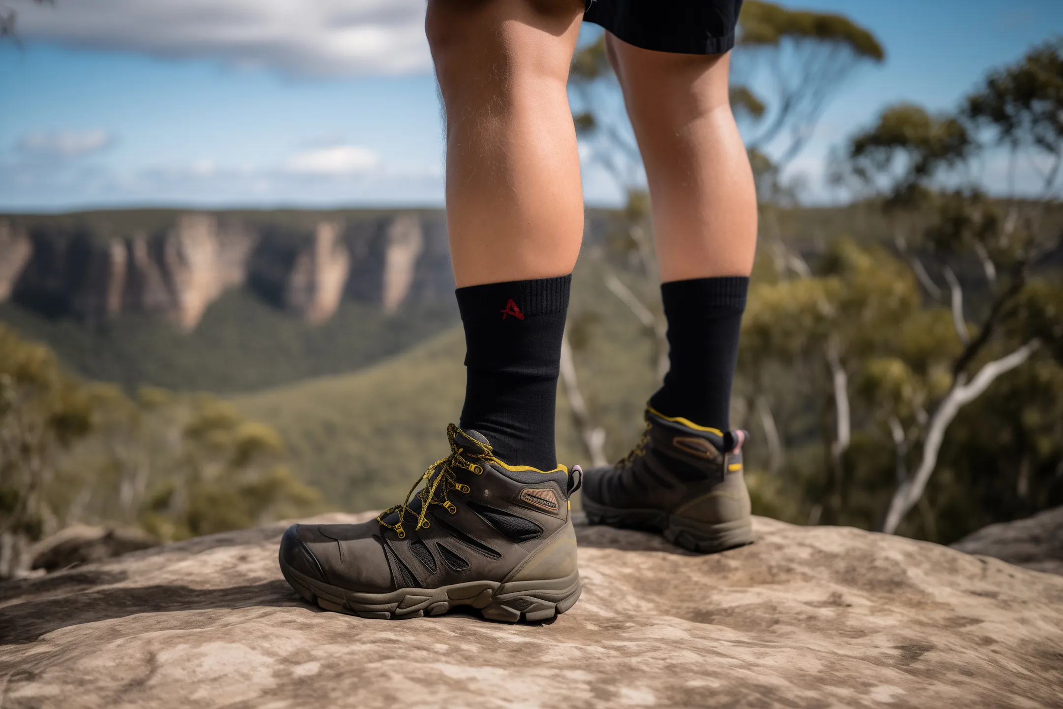 Photograph Close-Up Side Shot Australian Hiker Wearing Akeso Socks In The Blue Mountains