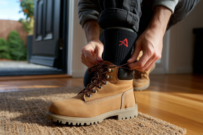 Man lacing up tan work boots at the front door of an Australian home, wearing black Akeso performance socks, timber floorboards and coir doormat visible, garden in background